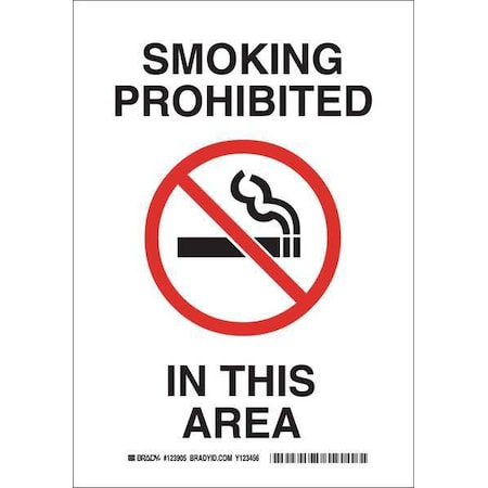 Brady No Smoking Sign, 14 in H, 10" W, Rectangle, English, 123906 123906
