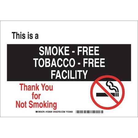 Brady No Smoking Sign, 7" H, 10" W, Rectangle, English, 123927 123927