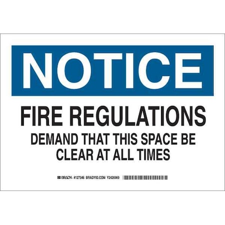 Brady Fire Regulations Sign, 10 in Height, 14 in Width, Polyester, Rectangle, English 127349