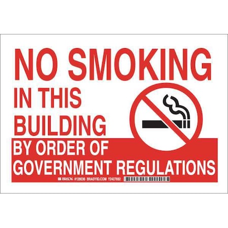 Brady No Smoking Sign, 7" H, 10" W, Polyester, Rectangle, English, 128036 128036