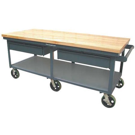 Strong Hold Mobile Shop Table with Maple Top, Butcher Block, 84" W, 34" Height, 6000 lb., Straight T8436-2DB-CA-MT