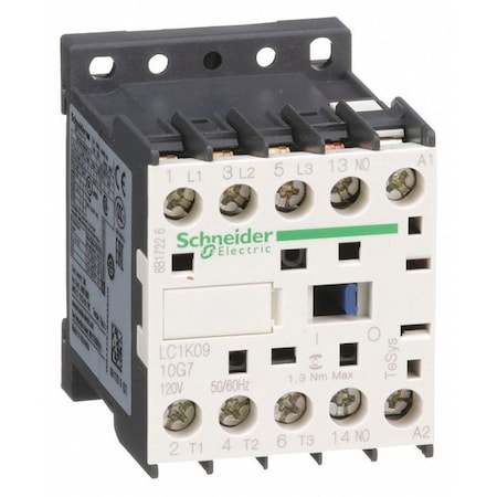 Schneider Electric IEC Miniature Magnetic Contactor, 1NO, 120V AC, 3 P, Non-Reversing, Screw Clamp LC1K0910G7