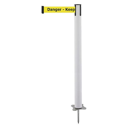 Tensabarrier Barrier Post with Belt, White, 7 1/2 ft Length, 43 in Post Height, Danger Keep Out, Unfinished 884-32-STD-YDX-C