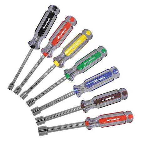 Westward Nut Driver Set, 7 pcs, Solid Round, SAE 401L15