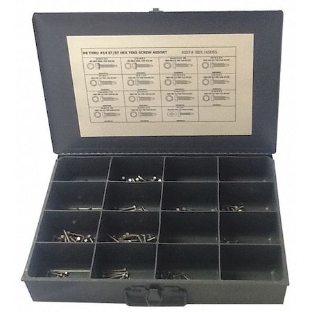 Zoro Select Tapping Screw Assortment, #8 to 1/4" x Plain Finish, Stainless Steel, Hex Head Phillips Drive JBDL16SDSS