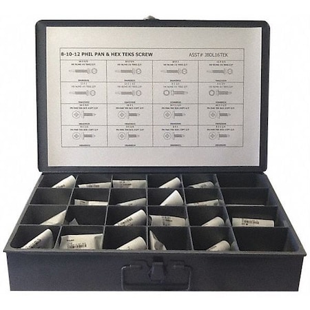 Zoro Select Tapping Screw Assortment, #8 to #12 x Zinc Plated Finish, Steel, Hex Head Phillips Drive JBDL16TEK