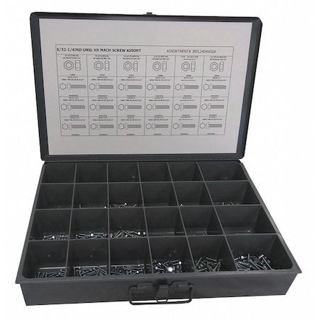 Zoro Select Nut and Screw Assortment, #6-32 to 1/4"-20, Low Carbon Steel, Zinc Plated JBDL24DRA50A