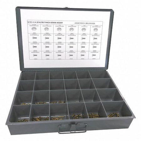 Zoro Select Nut and Screw Assortment, #6-32 to 1/4"-20, Brass, Plain JBDL24EJA50A