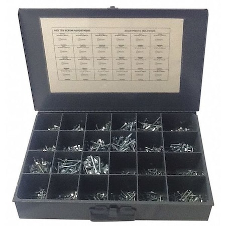 Zoro Select Tapping Screw Assortment, #6 to #14 x Zinc Plated Finish, Steel, Hex Washer Head External Hex Drive JBDL24HSDS