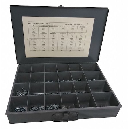 Zoro Select Nut and Screw Assortment, #6-32 to 1/4"-20, Low Carbon Steel, Zinc Plated JBDL24PFMS50