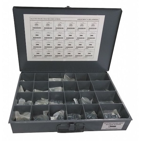 Zoro Select Nut and Screw Assortment, #6-32 to 1/4"-20, Low Carbon Steel, Zinc Plated JBDL24RMS50A