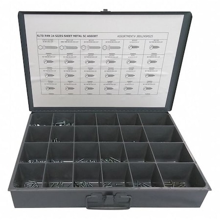 Zoro Select Tapping Screw Assortment, #6 to 3/8" x Zinc Plated Finish, Steel, Hex Head Slotted Drive JBDL24SMS25