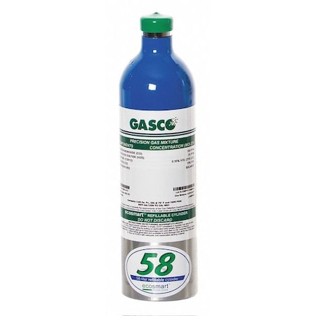 GASCO Calibration Gas, Carbon Monoxide/Hydrogen Sulfide/Pentane/Oxygen/Nitrogen, 58 L, C-10 Connection 58ES-453