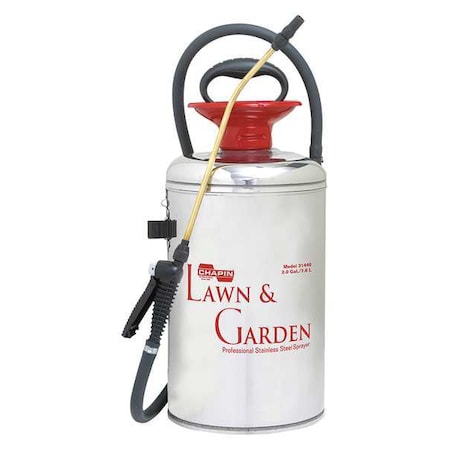 Chapin 2 gal Handheld Sprayer, Stainless Steel, 42 in L Hose, 12 in L Wand, Cone Nozzle Spray Pattern 31440