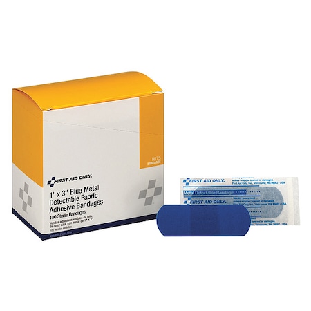 First Aid Only Adhesive Bandage, Strip Bandages, 1 in Wide, 3 in Length, Fabric, Metal Detectable, Blue, PK100 H175