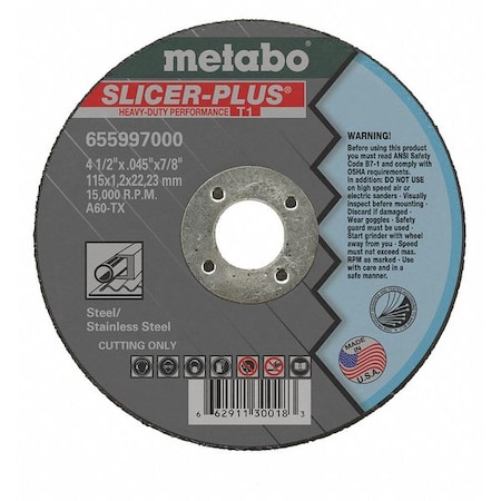 Metabo Abrasive Cut-Off Wheel, Type 1, 4 1/2 in Dia, 0.045 in Thick, 7/8 in Arbor Hole Size, 60 Grit 655997000