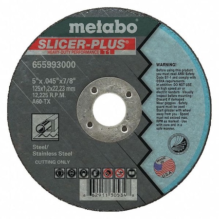 Metabo Abrasive Cut-Off Wheel, Type 1, 5 in Dia, 0.045 in Thick, 7/8 in Arbor Hole Size, Aluminum Oxide 655993000