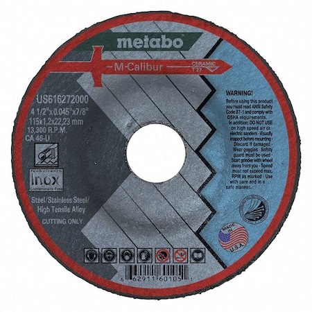 Metabo Abrasive Cut-Off Wheel, Type 27, 4-1/2 in Dia, 0.045 in Thick, 7/8 in Arbor Hole Size, Ceramic US616272000