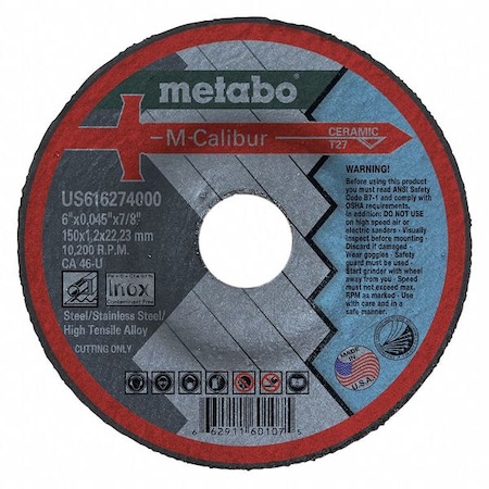 Metabo Abrasive Cut-Off Wheel, Type 27, 6 in Dia, 0.045 in Thick, 7/8 in Arbor Hole Size, Ceramic US616274000