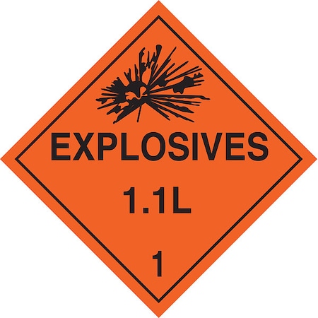 Brady DOT Container Placard, Explosives 1.1 L 1, B-101 Polycoated Tagstock, 10-3/4" W x 10-3/4" H 63378