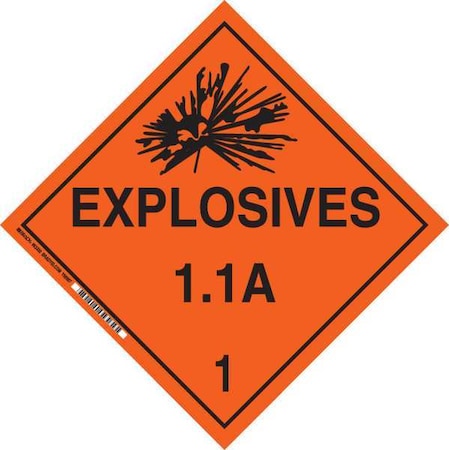 Brady DOT Container Placard, Explosives 1.1 A 1, B-946 Pressure Sensitive Vinyl, 10-3/4" W x 10-3/4" H 63300