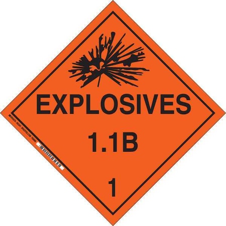 Brady DOT Container Placard, Explosives 1.1 B 1, B-101 Polycoated Tagstock, 10-3/4" W x 10-3/4" H 63371