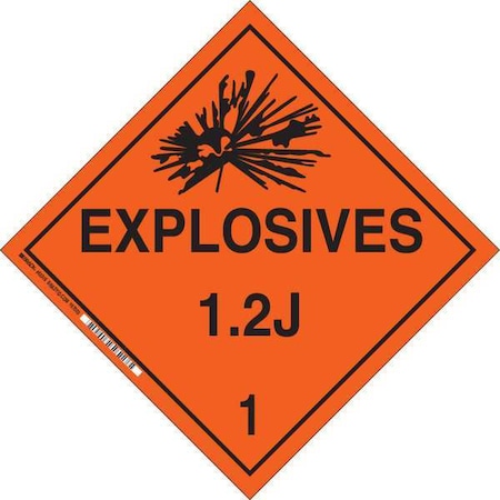 Brady DOT Container Placard, Explosives 1.2 J 1, B-120 Premium Fiberglass, 10-3/4" W x 10-3/4" H 63351