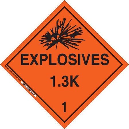 Brady DOT Container Placard, Explosives 1.3 K 1, B-946 Pressure Sensitive Vinyl, 10-3/4" W x 10-3/4" H 63324