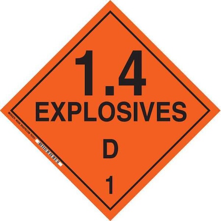 Brady DOT Container Placard, 1.4 Explosives D 1, B-120 Premium Fiberglass, 10-3/4" W x 10-3/4" H 63363