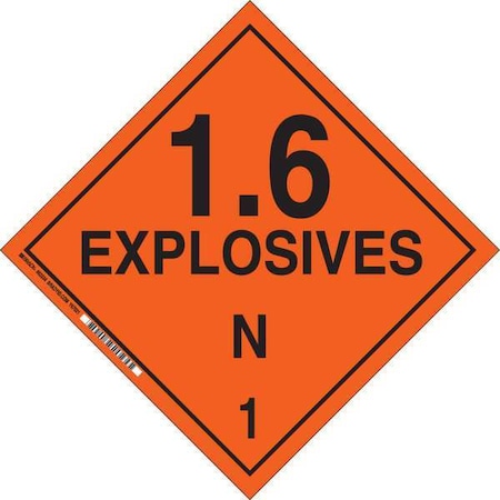 Brady DOT Container Placard, 1.6 Explosives N 1, B-120 Premium Fiberglass, 10-3/4" W x 10-3/4" H 63369