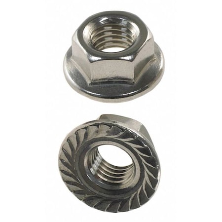 Zoro Select Serrated Lock Nut, #10-24, 18-8 Stainless Steel, Not Graded, Plain, 7/32 in Ht, 50 PK U51108.019.0001