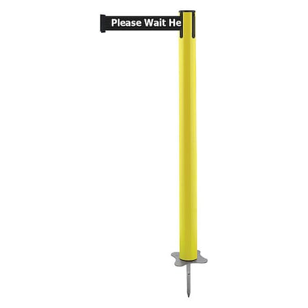 Tensabarrier Barrier Post with Belt, Yellow, 7 1/2 ft Length, 43 in Post Height, Please Wait Here, Unfinished 884-35-STD-BCX-C