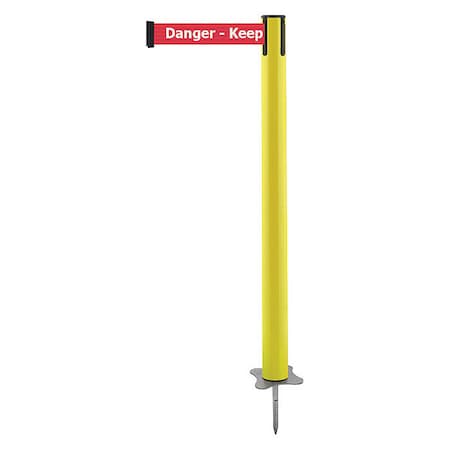 Tensabarrier Barrier Post with Belt, Yellow, 13 ft Length, 43 in Post Height, Danger Keep Out, Unfinished 884-35-MAX-RHX-C