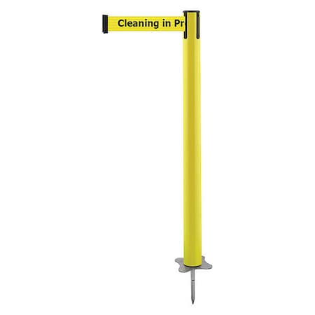Tensabarrier Barrier Post with Belt, Yellow, 13 ft Length, 43 in Post Height, Cleaning in Progress, Unfinished 884-35-MAX-YCX-C