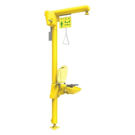 Bradley Shower with Eyewash, Floor Mount, Galvanized Steel Pipe, 93 3/4 in H, Plastic Bowl, Yellow S19-304D2TL