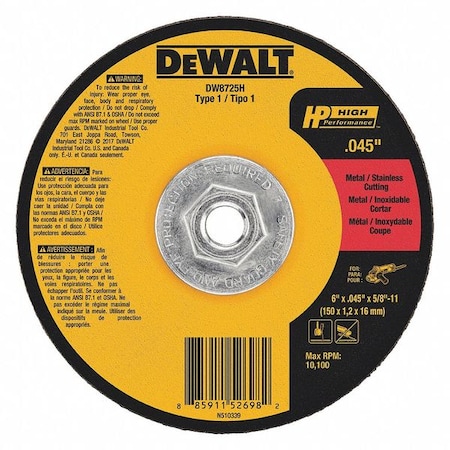 Dewalt Abrasive Cut-Off Wheel, Type 1, 6 in Dia, 0.045 in Thick, 5/8"-11 Arbor Hole Size, Aluminum Oxide DW8725H