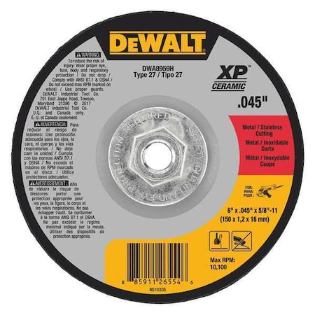 Dewalt Depressed Center Cut-Off Wheel, Type 27, 6 in Dia, 0.045 in Thick, 5/8"-11 Arbor Hole Size, Ceramic DWA8959H