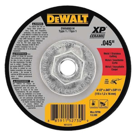 Dewalt Abrasive Cut-Off Wheel, Type 1, 4 1/2 in Dia, 0.045 in Thick, 5/8"-11 Arbor Hole Size, Ceramic DWA8951H