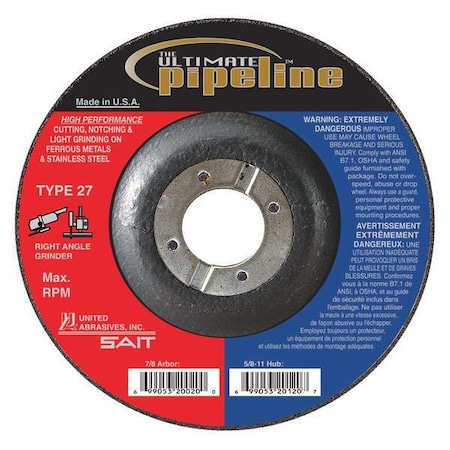 United Abrasives/Sait Cut-Off & Grinding Wheel, Type 27, 9 in Dia, 0.125 in Thick, 7/8 in Arbor Hole Size, 24 Grit 20040