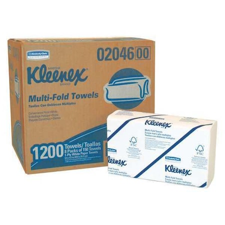 Kleenex Multifold Paper Towels, 1-Ply, 9.2" x 9.4" sheets, White, (150 Sheets/Pack, 8 Packs/Case) 02046
