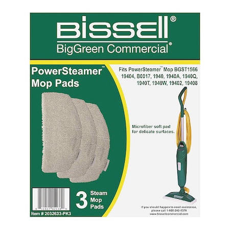 Bissell Commercial 12 in Pad, 0.25 oz Dry Wt, White, Microfiber, PK3 2032633-PK3