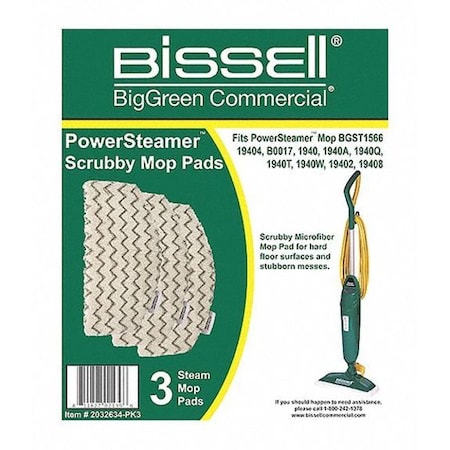 Bissell Commercial 12 in Pad, 0.3 oz Dry Wt, White, Microfiber, PK3 2032634-PK3