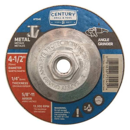 Century Drill & Tool Abrasive Cut-Off Wheel, Type 27, 4-1/2 in Dia, 1/4 in Thick, 5/8 in-11 Arbor Hole Size, A24R Series 75545