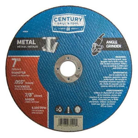 Century Drill & Tool Abrasive Cut-Off Wheel, Type 1A, 7 in Dia, 0.055 in Thick, 7/8 in Arbor Hole Size, Aluminum Oxide 75529