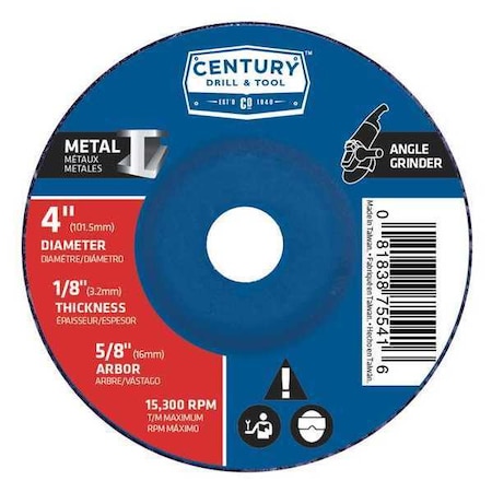 Century Drill & Tool Abrasive Cut-Off Wheel, Type 27, 4 in Dia, 1/8 in Thick, 5/8 in Arbor Hole Size, Aluminum Oxide 75541