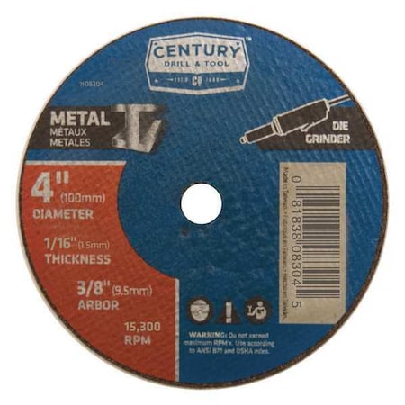 Century Drill & Tool Abrasive Cut-Off Wheel, Type 1A, 4 in Dia, 1/16 in Thick, 3/8 in Arbor Hole Size, Aluminum Oxide 08304