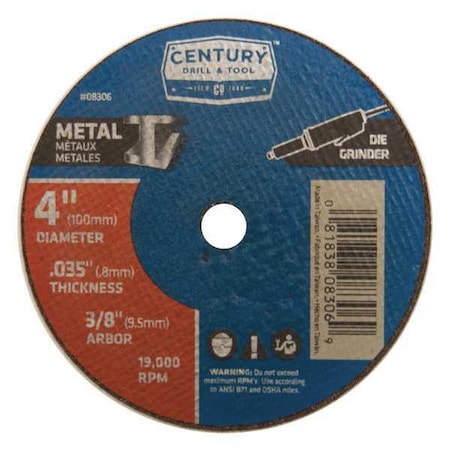 Century Drill & Tool Abrasive Cut-Off Wheel, Type 1A, 4 in Dia, 0.035 in Thick, 3/8 in Arbor Hole Size, Aluminum Oxide 08306