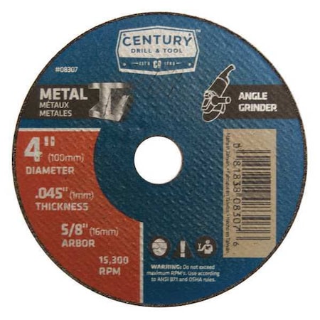 Century Drill & Tool Abrasive Cut-Off Wheel, Type 1A, 4 in Dia, 0.045 in Thick, 5/8 in Arbor Hole Size, Aluminum Oxide 08307
