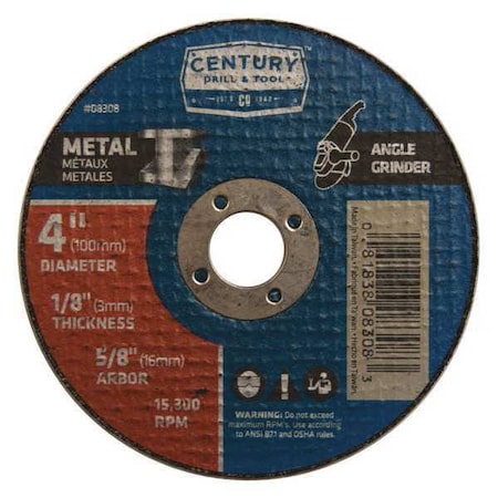 Century Drill & Tool Abrasive Cut-Off Wheel, Type 1A, 4 in Dia, 1/8 in Thick, 5/8 in Arbor Hole Size, Aluminum Oxide 08308