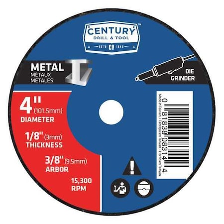 Century Drill & Tool Abrasive Cut-Off Wheel, Type 1A, 4 in Dia, 1/8 in Thick, 3/8 in Arbor Hole Size, Aluminum Oxide 08314